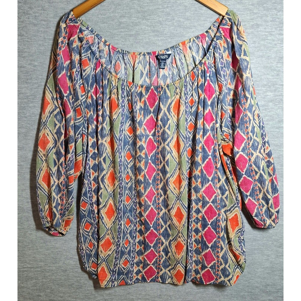 Chaps Denim 100% Cotton Gauzy Boho Geometric Print Long Sleeve Peasant Blouse 2X